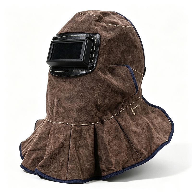 Mască cu glugă de sudură flip-up din piele de vacă maro carbon Mască cu glugă de sudură flip-up din piele de vacă maro carbon